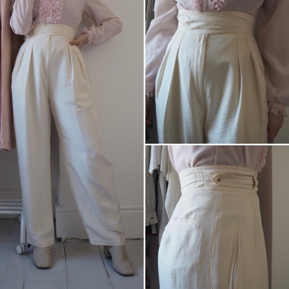 Vintage High-Waist Ivory Silk Trousers